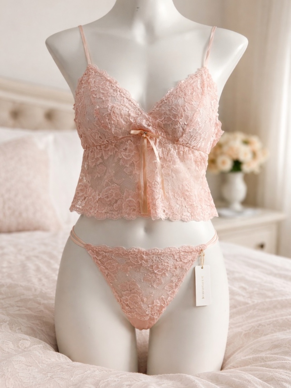 Verde Veronica Vintage Italian Pink Lace Lingerie Set Bra Cami Thong